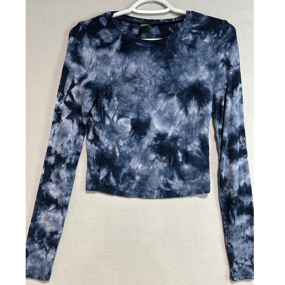Blue Tie Dye Long Sleeve Crop Top Womens Small Ribbed Knit Crew Neck Boho Hippie
